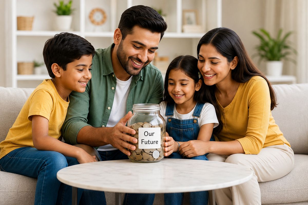 A family sitting together at home, saving towards their future
